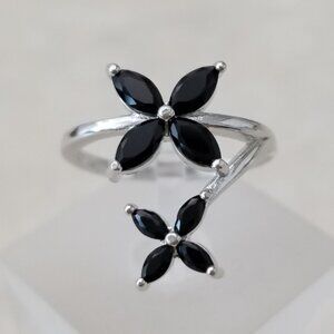 Sterling Silver Black Spinel Flower Ring
